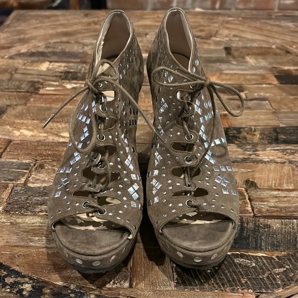 Jimmy Choo Taupe Suede Studded Gladiator Wedge Lace Up Heels Size 38 Preloved